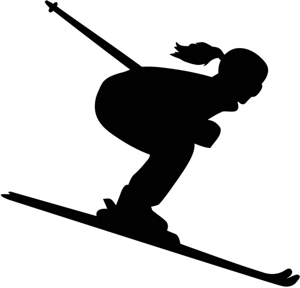 Silhouette skieuse féminine en descente — Image vectorielle