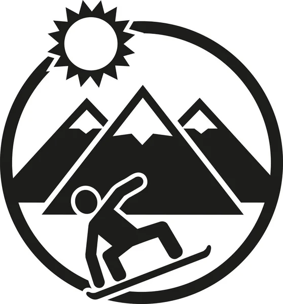Snowboarden embleem met boarder heuvels en zon — Stockvector
