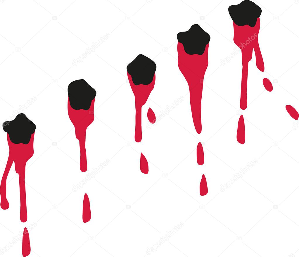 Bloody gunshot holes in a row
