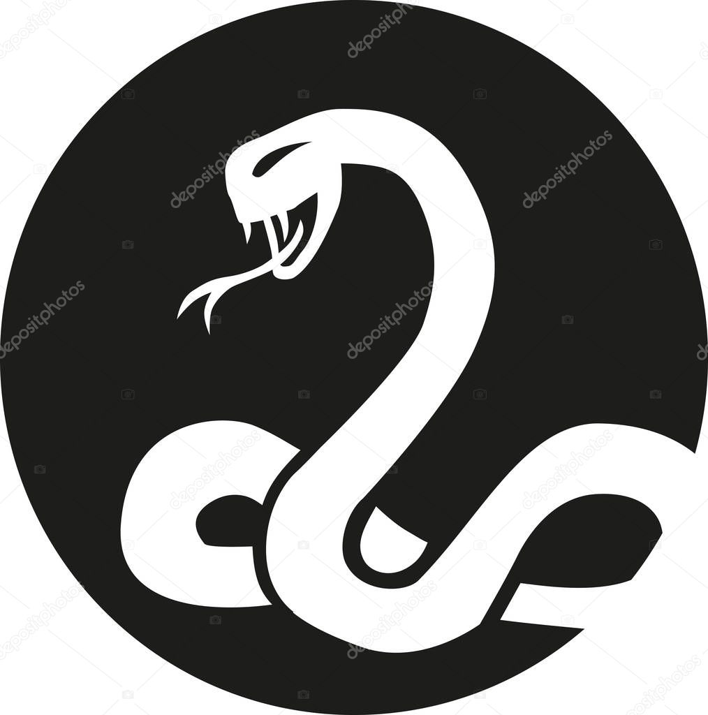 Snake with open mouth and tongue in front of the moon