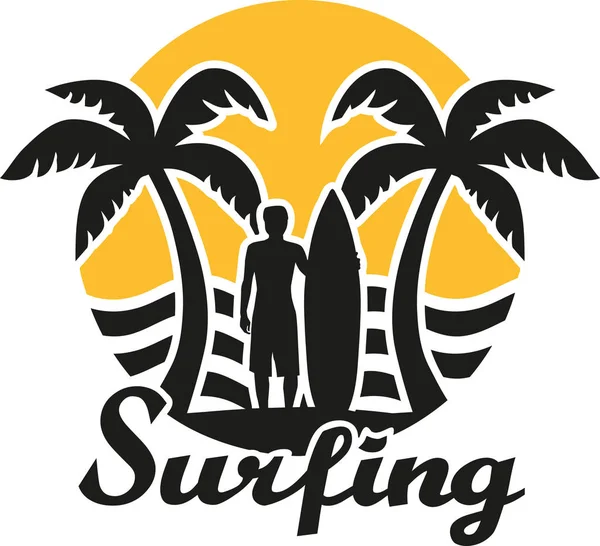Lambang surfing - matahari terbenam dan telapak tangan dengan surfer - Stok Vektor
