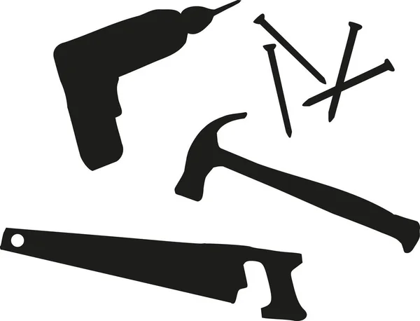 Kits de ferramentas chave de fenda sem fio, parafusos, martelo, serra — Vetor de Stock