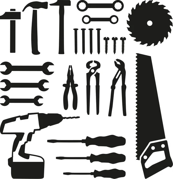 Conjunto de ferramentas - serra, chave inglesa, chave de fenda, unhas, parafuso, broca —  Vetores de Stock