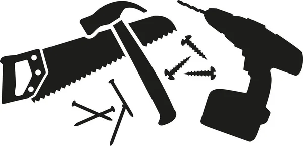 Рабочий инструмент с пилой, молотком, ножницами и дриллом — стоковый вектор