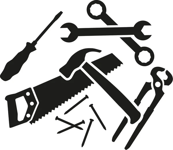 Káosz a munkaeszközök - csavarhúzó, csavarkulcs, kalapács, fűrész, Preciziós, nails — Stock Vector