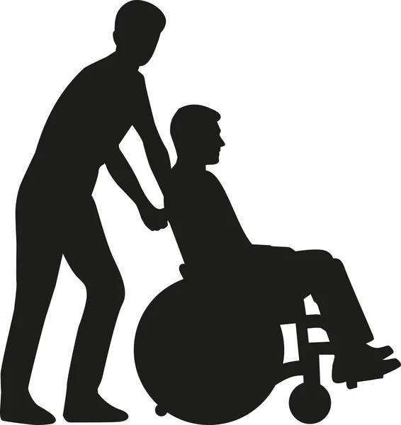 Homem silhueta empurrando uma cadeira de rodas —  Vetores de Stock