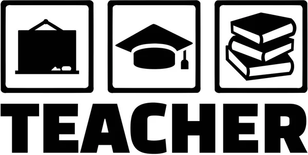 Lärare med ikoner - blackboard examen hatt och böcker — Stock vektor