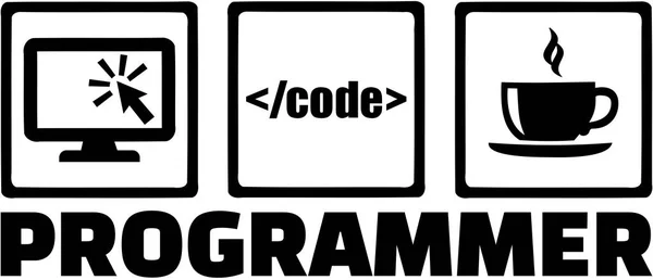 Iconos de programador - monitor de código de café y palabra — Archivo Imágenes Vectoriales