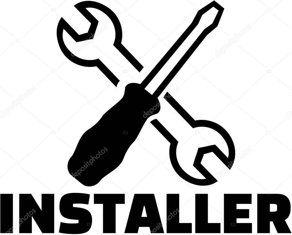 Installer with crossed tools wrench and screwdriver