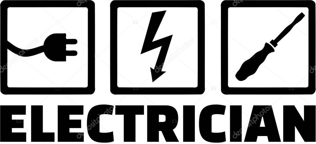 Electrician with icons plug, bolt and screwdriver