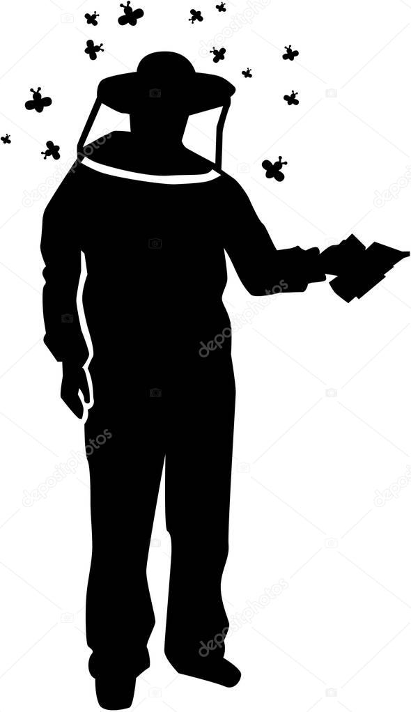 Beekeepter silhouette with bee swarm and bee suit