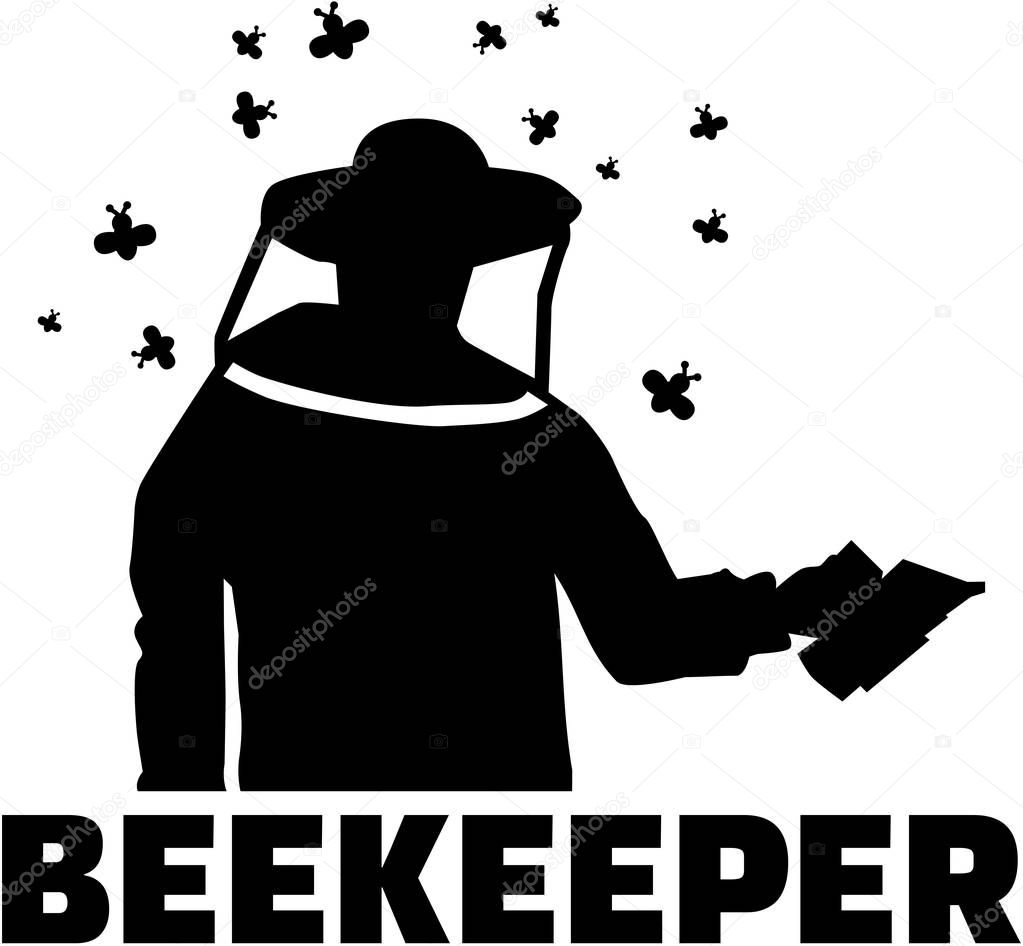 Beekeepter silhouette with bee swarm, bee suit and job title