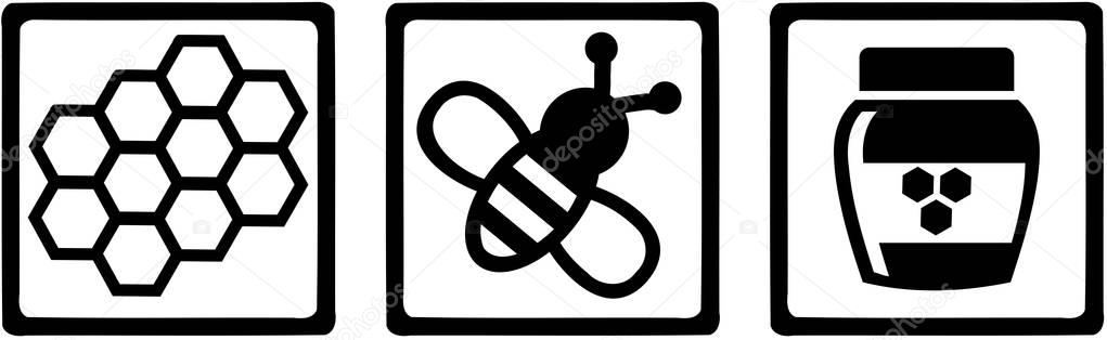 Icons for beekeeper with honeycomb, bee and honeypot