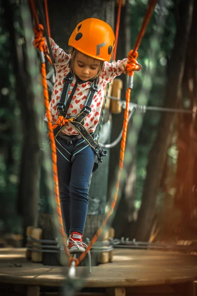 sports happy kid climbs through the ropes