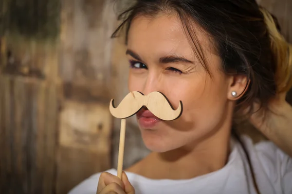 Young girl with  moustache hipster — Stock Photo, Image