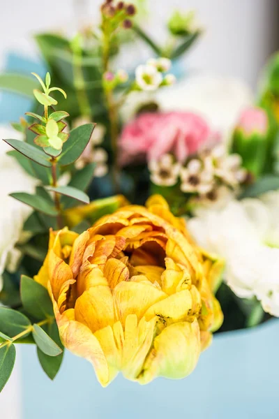 Flores vivas de primavera cerca tulipanes amarillos — Foto de Stock