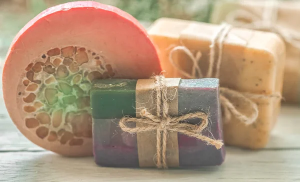 Handmade soap on wooden background — Stock Photo, Image