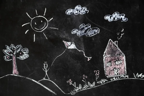 Chalk drawing of house and sun on a black background, — Stock Photo, Image