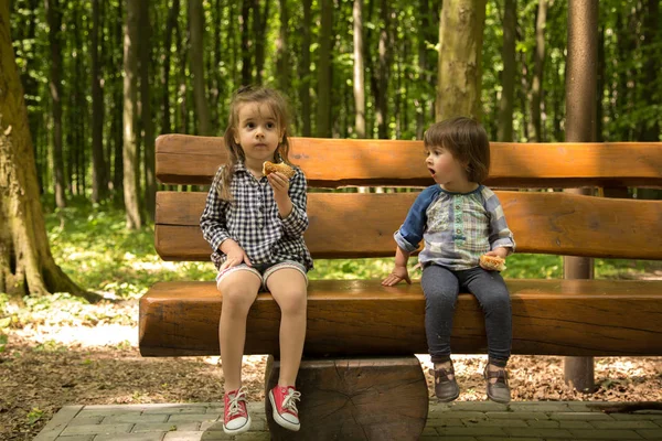 Две девчонки сидят на скамейке — стоковое фото