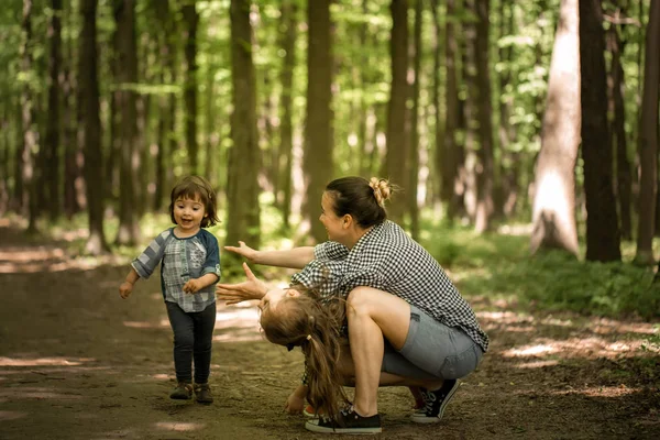 Madre con hijas jóvenes caminan en el bosque — Foto de Stock