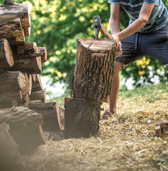 Άνθρωπος που κόβει ξύλο με τσεκούρι — Φωτογραφία Αρχείου
