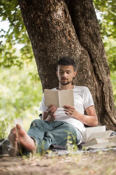Genç adam bir kitap okuma ağaca — Stok fotoğraf