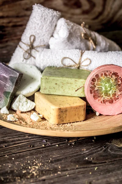 Spa composition with soap wooden background, — Stock Photo, Image