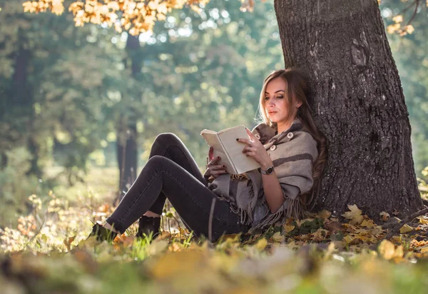 Güzel kız sonbahar ormandaki bir kitap okuma — Stok fotoğraf