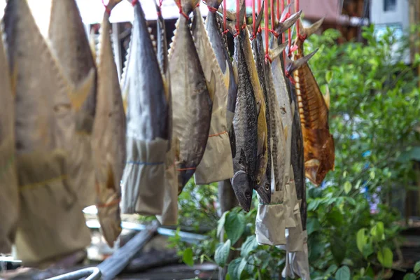 Sušené ryby visí na laně, život a podnikání rybář — Stock fotografie
