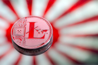 litecoin, Japonya ve Japon bayrağı bir arka plan üzerinde paralar, 