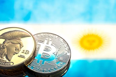 coins Bitcoin, against the background of Argentina flag, concept clipart