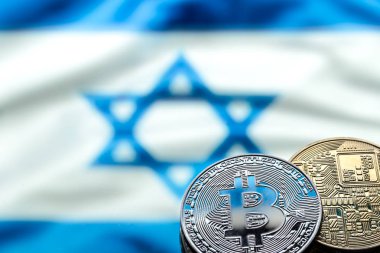 Bitcoin paraları arka planda İsrail bayrağı kavramı