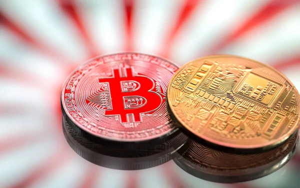Monedas Bitcoin, sobre un fondo de Japón y la bandera japonesa, c — Foto de Stock