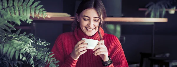 Девушка в кафе пьет чай — стоковое фото