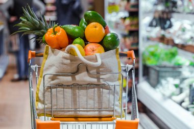 Farklı meyve ve sebzelerle dolu bir poşet. Su alış verişi.