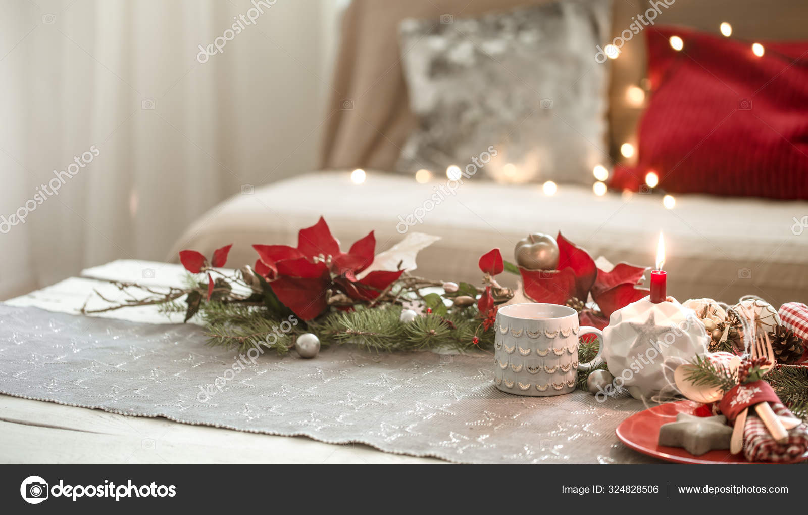 Beautifully decorated Christmas table in the living room. Stock Photo