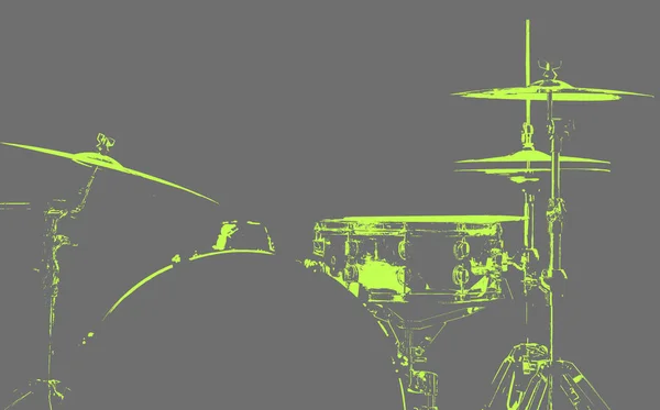 ドラムキット。ドラムのライトグリーンのシルエット。美しい灰色の背景色 — ストック写真