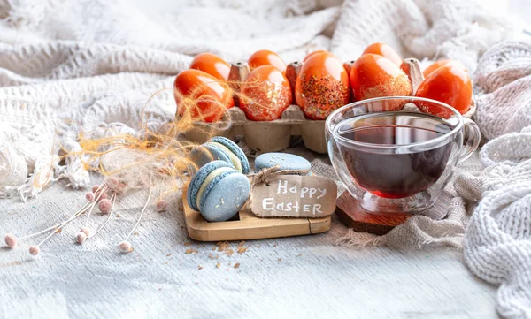 Cozy Easter still life with decor . Morning tea with dessert. — Stock Photo, Image