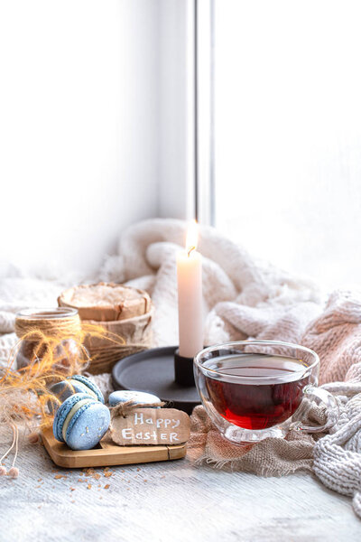 Уютная Пасха натюрморт с декором. Утренний чай с десертом
.