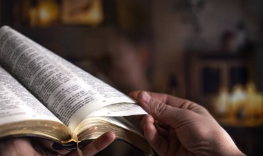 Man's hands over the Bible, against the background of the living