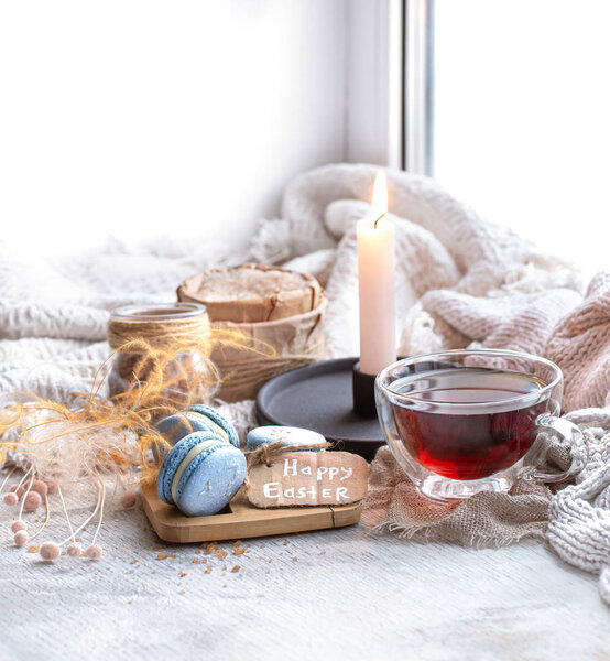 Уютная Пасха натюрморт с декором. Утренний чай с десертом
.
