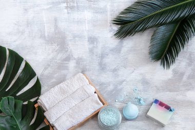 Spa mı? Beyaz arka planda tropikal yapraklı vücut bakımı ögeleri.