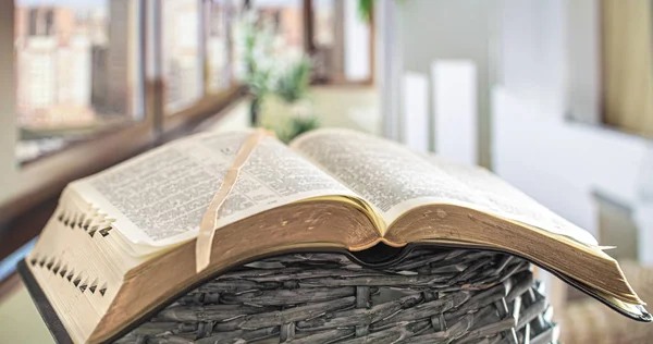 Reserve la Biblia de cerca, sobre un hermoso fondo de terraza. Buenos días. — Foto de Stock