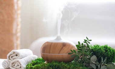 Vücut bakım ürünleriyle modern yağ yayıcı aromalı spa kompozisyonu. Bükülmüş beyaz havlular, bahar yeşillikleri ve çiçekler. Vücut ve sağlık hizmetleri için spa konsepti .