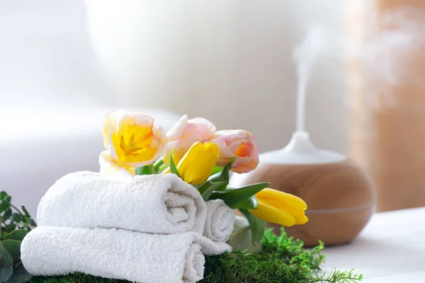 Spa Komposition Mit Dem Aroma Eines Modernen Öldiffusors Mit Körperpflegeprodukten — Stockfoto