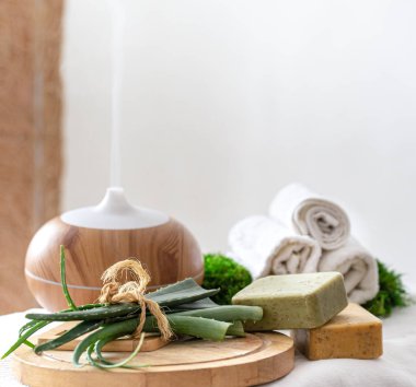 Vücut bakım ürünleriyle modern yağ yayıcı aromalı spa kompozisyonu. Bükülmüş beyaz havlular ve aloe Vera. Vücut ve sağlık için sağlık kavramı .