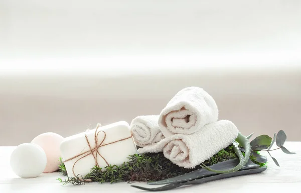 Spa composition with Aloe Vera on a light background with a twisted white towel. The concept of beauty and health .
