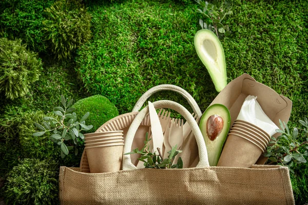 Environmentally friendly, disposable, recyclable tableware. Paper food boxes, plates and Cutlery of cornstarch on a green grass background .