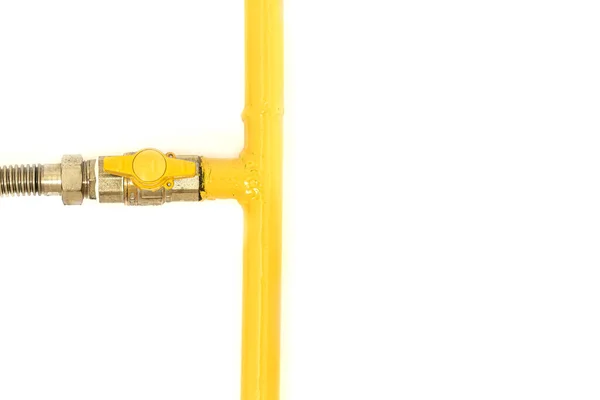 Tubo Gas Amarillo Con Válvula Fondo Blanco Espacio Para Texto — Foto de Stock