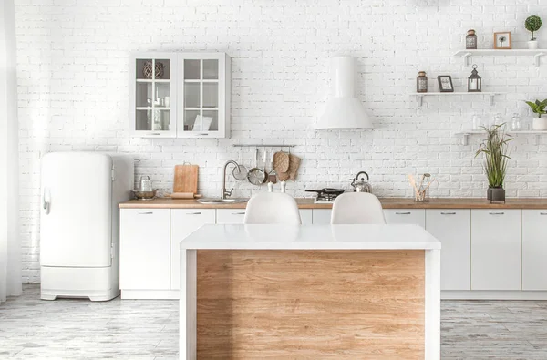 Moderno Elegante Interior Cocina Escandinava Con Accesorios Cocina Cocina Blanca — Foto de Stock